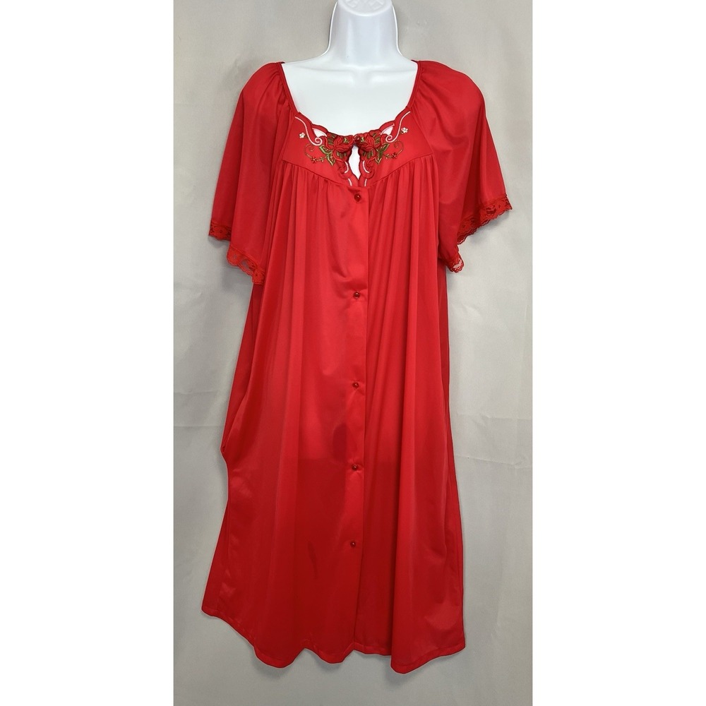 Kelly Reed Nightgown Vintage Red Nylon Embroidered Sleepwear‎ Gown Large Y2K